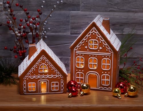 Mark Feldstein Iced Gingerbread Houses LED Figurines, Set of 2, 9 in