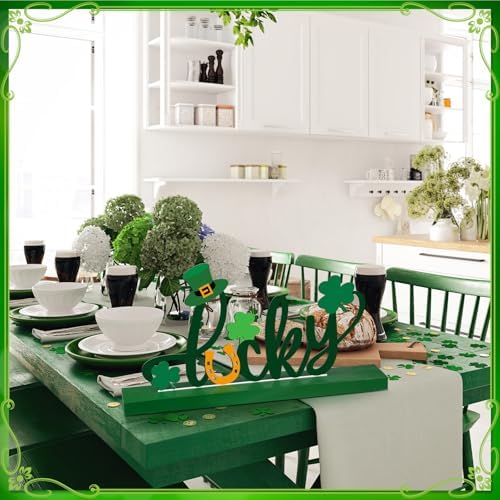 Cinnvoice St. Patrick's Day Table Sign Decoration Lucky Metal Tabletop Centerpiece Signs Letter Wood Centerpiece with Clover for St Patrick's Day Tiered Tray Decorations for Irish