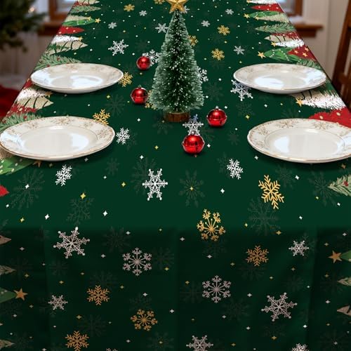 Gistome 3-Piece 54 x 108 Inch Christmas Tree Plastic Tablecloth – Festive Green Holiday Disposable Table Cover for Winter Parties, Christmas Dinners, and Indoor Outdoor Decorations