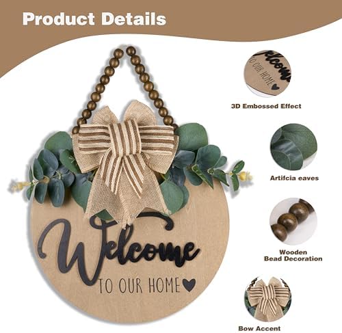 Condorpasea 3D Welcome Sign for Front Door | Home/Farmhouse Porch Décor Wooden Hanging Sign with Artificial Leaves and