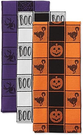 DII Halloween Collection Embellished Dishtowel Set, 18x28, Woven Check 3 Piece
