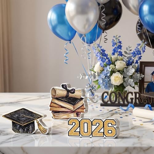 Smile 2026 Graduation Wooden Standing Decor Set, 3-Piece Grad Cap & Diploma Book Stack Tiered Tray Tabletop Signs for Graduation Party Decorations