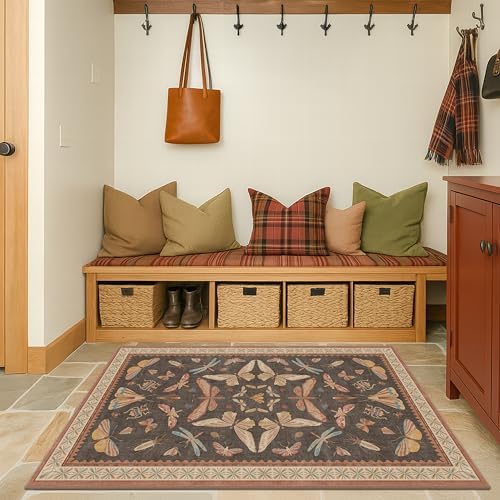 Boho Brown 3x6 Entryway Rug Indoor, Farmhouse Kitchen Area Rug for Bedroom, Mudroom & Laundry Room, Soft Low Pile