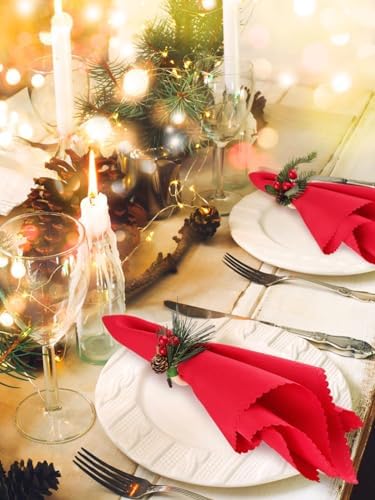 16 PCS Christmas Napkins and Rings Set, Lanstics 8PCS Xmas Napkin Buckles and 8PCS Red Washable Christmas Napkins Cloth Red Berries Napkin Holders for Christmas Holiday Dinner Party Table Decoration