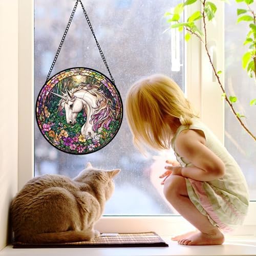 Unicorn in Flower Forest Stained Glass Window Hanging Suncatcher Gift 7.8"