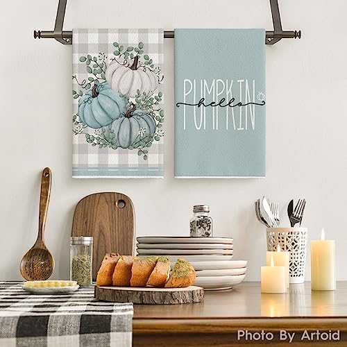 Artoid Mode Blue Pumpkin Leaves Fall Kitchen Towels Set of 4 18x26 Inch