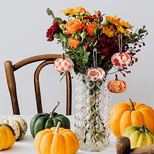 12PCS Fall Thanksgiving Plaid Fabric Wrapped Pumpkin Shaped Ornament