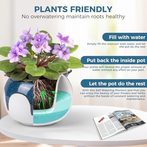 BUYMAX African Violet Pots, 6 inch Ceramic Easy Self Watering Plant Pot for Busy Plant Lovers, Automatically Absorb Appropriate Amount of Water, Flower Pot Indoor-Plants Not Included(Blue)