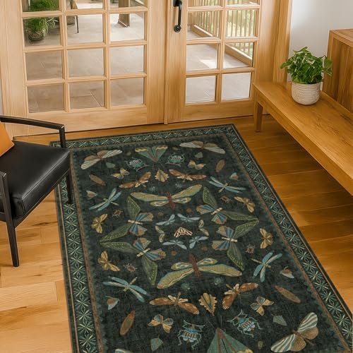 Washable 3x4 Rugs for Entryway, Small Area Rug for Large Kitchen, Mudroom, Dark Green and Black Insect Print, Non Slip