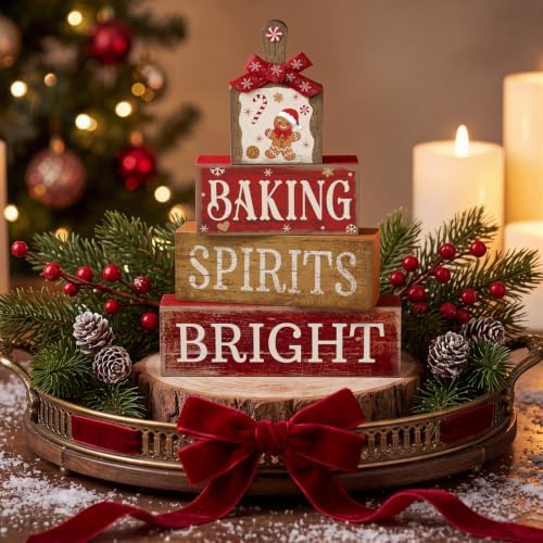 Lineshading 4 Pcs Gingerbread Baking Wood Block Signs, Farmhouse Decor