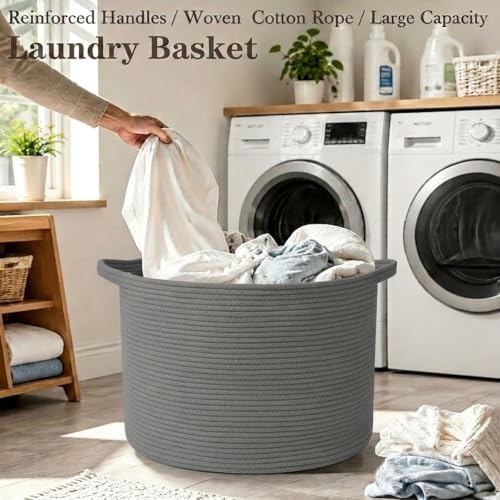 65L Large Blanket Basket,Woven Rope Laundry Basket-Dark Grey
