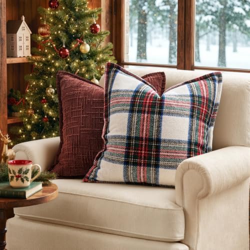 MIULEE Christmas Plaid Pillow Covers 18x18 White Christmas Decorations for Home