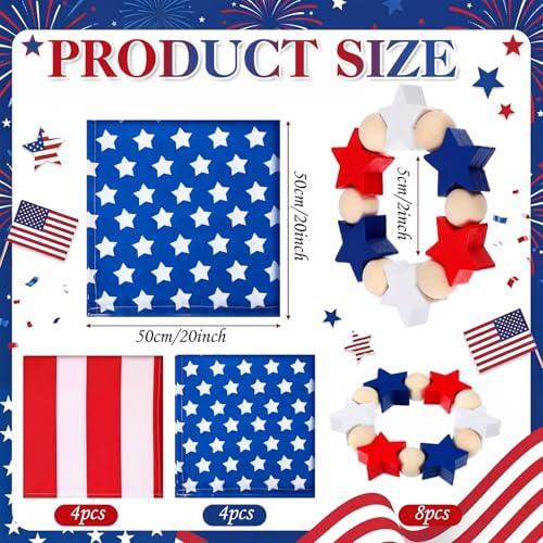 Qinyoung 8 Sets Patriotic Cloth Napkin and Star Napkins Rings 4th of July Wooden Red White and Blue Napkin Ring Holder 250th Anniversary Veterans Day Election Independence Day Table Decoration