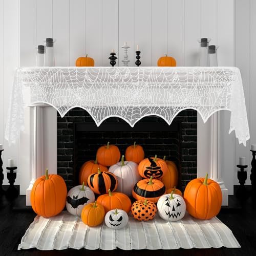 Halloween Mantel Scarf,White Lace Spiderweb Fireplace Mantel Scarf,Halloween Mantel Decor for Cloth Table Runner,Halloween Decorations Indoor Festive Party Supplies Door Window Curtains,96 x 18 Inch