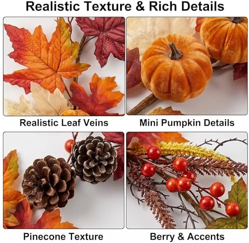 6FT Fall Maple Leaf Garland with Mini Pumpkins Pinecones & Red Berries, Artificial Autumn Leaves Garland for Thanksgiving Autumn Mantel Fireplace Stair Railing Front Door Farmhouse Decor