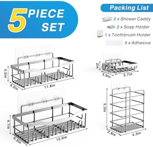 EUDELE 5-Pack Adhesive Shower Caddy Organizer, Large Capacity Rustproof Stainless Steel Shower Shelves, No Drill
