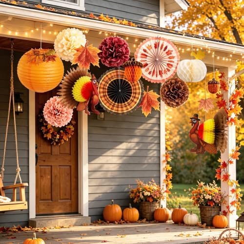 SUNBEAUTY Fall Thanksgiving Decoration Honeycomb Turkey Pumpkin Table Decor Paper Pom Poms Pumpkin Lantern Maple Leaf Garland for Fall Friendsgiving Thanksgiving Autumn Harvest Party Supplies