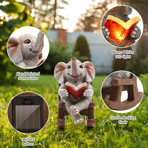 FOXMIS Garden Statues Elephant Outdoor Decor Lights, Lucky Miniature Elephant Statue Solar Garden Decor for