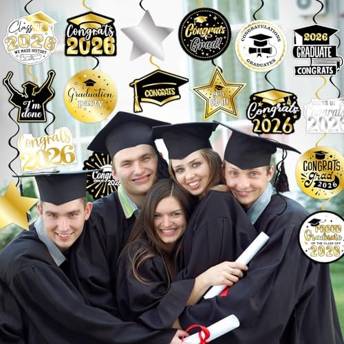 40Pcs Graduation Party Hanging Swirl Decorations, Black Glod Class of 2026 Congrats Grad Hanging Swirls Ceiling Decorations for 2026 Graduation Party Decor Supplies