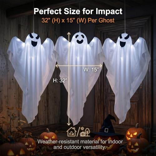 3 Packs Halloween Decorations Outdoor - BCLGSHINE Lighted Hanging Ghost Decorations with 45 LEDs, 32 Inch Halloween-Ghost Lights for Porches, Party, Yards, Gardens, Lawn