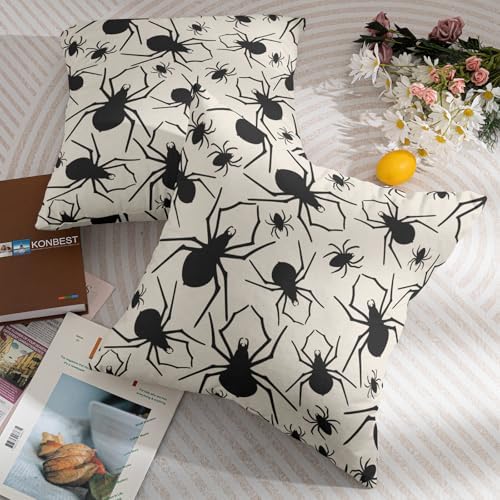 Cream Halloween Pillow Covers 20x20 Set of 2 Black Spider Print Outdoor Decorative Throw Pillows Holiday Scary Themed Farmhouse Pillowcases Linen Cushion Case Decor for Home Sofa Couch Bed