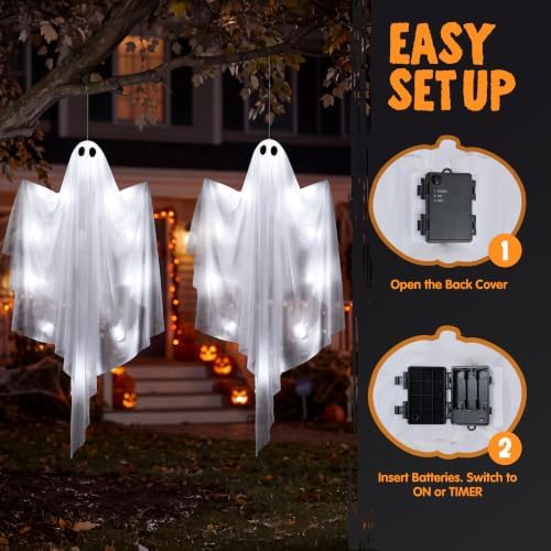 JOYIN 2 Pcs 47” Halloween Light up Hanging Ghost Decorations Outdoor, Cold White Flying Lighted Ghosts with Timer for Haunted House Prop, Front Yard Patio Party Decor Indoor Outside
