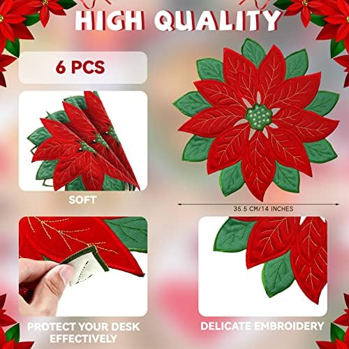 Christmas Poinsettia Placemats Set of 6, 14 Inch Embroidered Table Mats