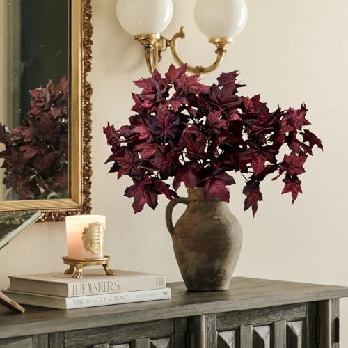 Thiccywoov 6 Pack Artificial Fall Maple Stems, Burgundy Leaf Picks for Vase