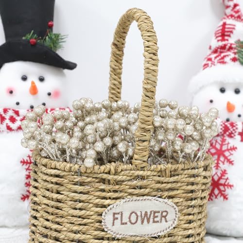 Fangoo 20 Pack 7 Inch Artificial Champagne Gold Berry Stems Christmas Champagne Gold Berries Picks Holly Berry Branches for Christmas Tree Ornaments DIY Crafts Wedding Holiday Season Winter Home Decor