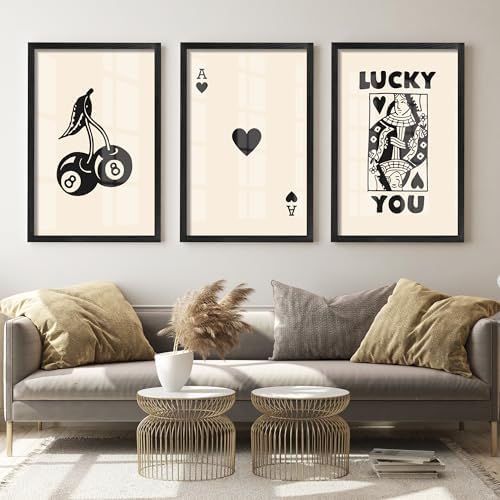Heiple Framed Set of 3 Poker Wall Art Lucky You Poster, Trendy Retro Wall Art for Queen of Hearts Wall Art Rustic