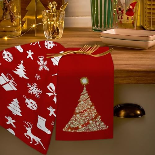 JOOCAR Red Christmas Kitchen Towels Bright Kitchen Decor Dish Towels Set of 2, 16x27 Inch Seasonal Gold Christmas Tree Drying Dishcloth, Cartoon Christmas Decoration Hand Towels