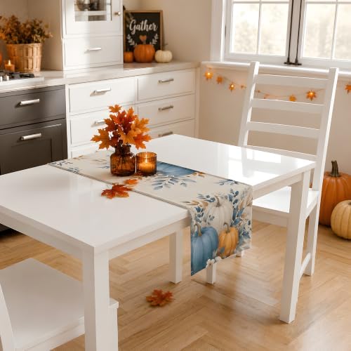 Fall Decor - Blue White Pumpkin Table Runner for Thanksgiving Decorations