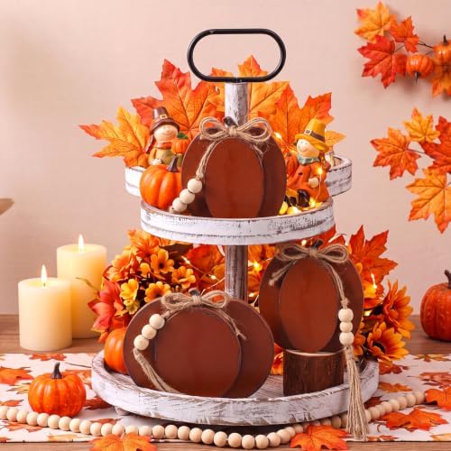 Cinnvoice 3 Pcs Fall Pumpkin Decor, Brown Wooden Tabletop Signs, 4.7 in