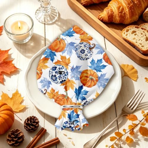 Fall Pumpkin Cloth Napkins Set of 4, Blue White Chinoiserie Dinner Napkins 18x18 Inch, Reusable Fabric Napkins with Maple Leaves for Thanksgiving Table Decor, Autumn Farmhouse Table Setting