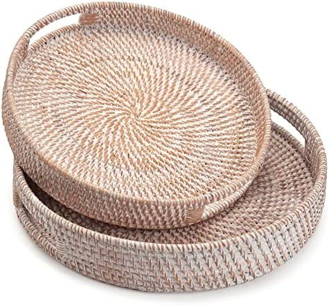 Round Rattan Serving Tray Decorative Woven Ottoman Trays / 11.8 / Whitewash / White / 11.8 x 2