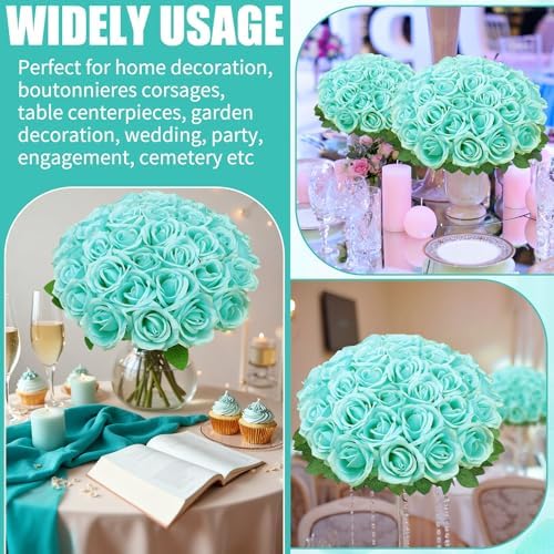 36 Pcs Turquoise Artificial Roses with Long Stems