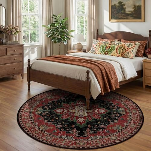 RELEANY Washable Area Rug, Round 7ft, Red/Black