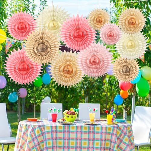 12PCS Paper Fans Champagne Gold Beige Boho Party Decorations Tissue Paper Flowers Decorations for Girl Groovy Birthday Baby Shower Wedding Bachelorette Room Wall Hanging Décor