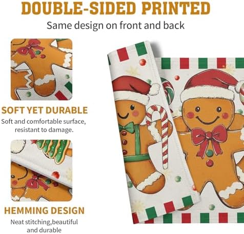 Gingerbread Man Christmas Placemats Set of 4 Candy Cane Xmas Seasonal Holiday Linen Table Mats Red Green Orange Winter Washable Place Mats for Party Kitchen Dining Outdoor Indoor Decor