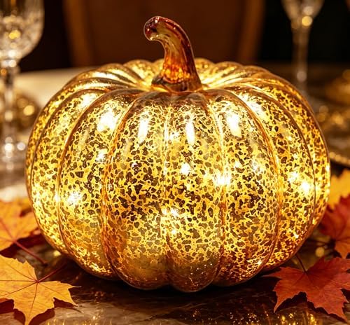 Fall Decor for Home,Mercury Glass Pumpkin Lights with Timer(Chocolate)
