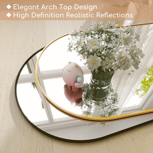 Prywot Full Length Mirror, 64"x21" Arched Floor Mirror with Stand, Gold