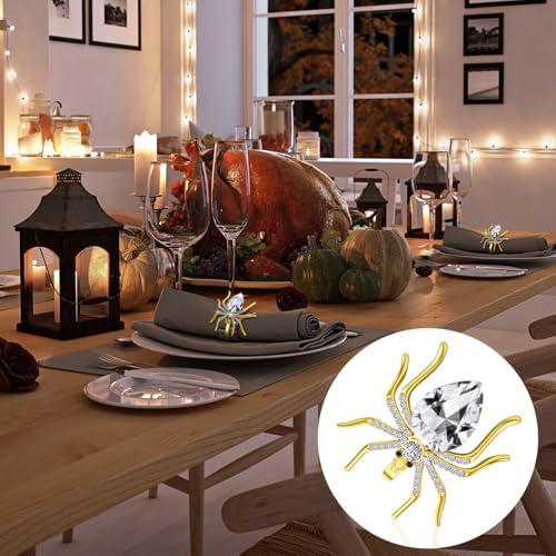 Patelai 6 Pcs Spider Napkin Rings Halloween Metal Spooky Rhinestone Napkin Holder Buckle Serviette Halloween Table Decoration Party Supplies