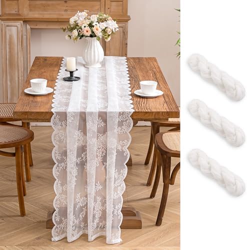 White Lace Table Runner with Floral Embroidered (3pcs, 28”x118”)