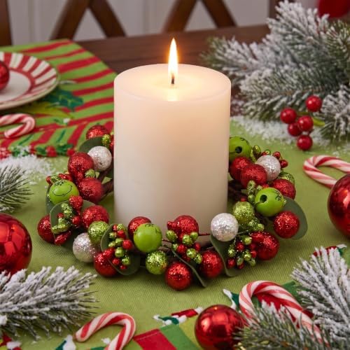 4 Pack Green Christmas Table Candle Rings, Farmhouse Berry Wreaths