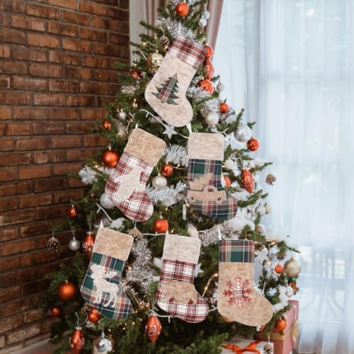 LUBOT New 4 Pack Christmas Stocking 20" Red Green Plush Plaid Mix and Match Classic Rustic Farmhouse Country Cotton Fireplace Hanging Xmas Stockings Decorations for Family Holiday Season Decor