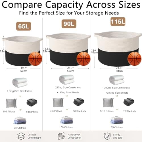 115L Extra Large Blanket Basket,Woven Laundry Basket-White&Black