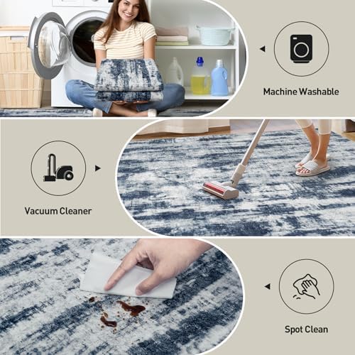5x7 Area Rugs for Living Room: Washable Abstract Blue Grey Badroom Carpet