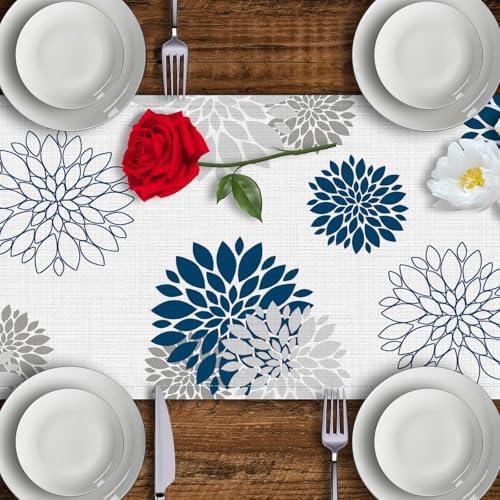 Niviy Blue Gray Table Runner 13x108 inches Long Dahlia Pinnata Flower Pattern Spring Summer Seasonal Kitchen Dining Table Decoration for Indoor Outdoor Home Party Decor (13 x 108 inch)