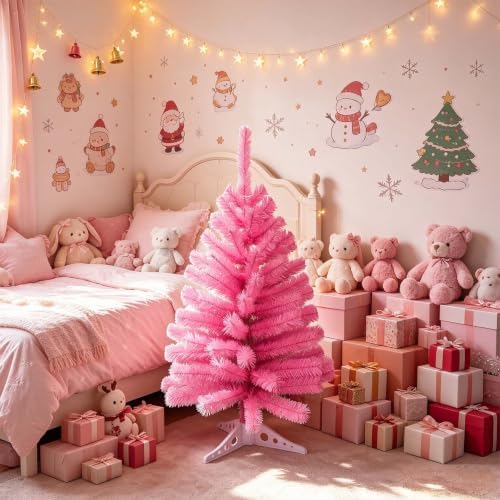 3FT Small Christmas Tree – Premium Pink Mini Xmas Artificial Trees for Home, Tabletop, Office, Apartment, Indoor Holiday Decorations, Easy-Assembly Metal Hinges & Foldable Base