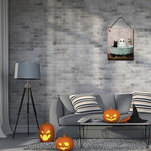 Funny Halloween Bathroom Decor, Cute Halloween Decorations Indoor, Spooky Halloween Wall Art Wooden Hanging Sign, Ghost Black Cat Farmhouse Wood Block Plaque Sign Decor for Home Toilet Bathroom